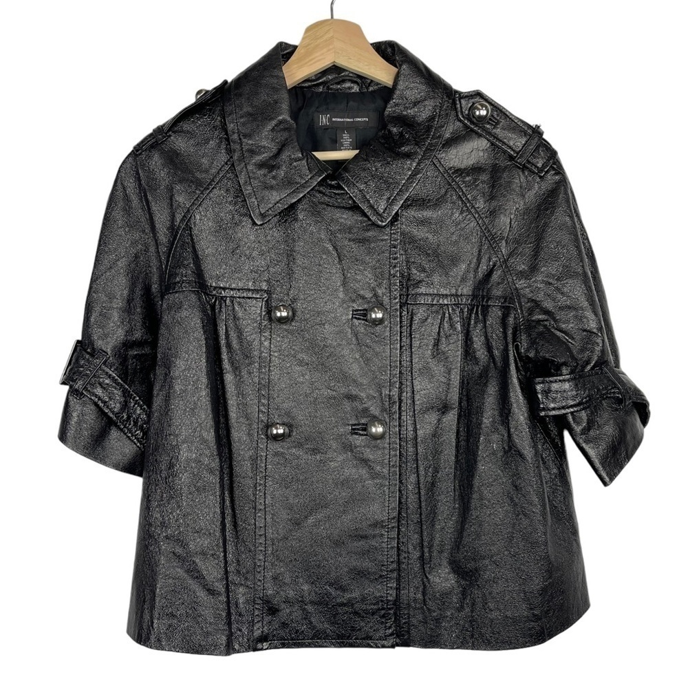 INC INTERNATIONAL CONCEPTS HIGH SHINE LEATHER HALF SLEEVE DOUBLE BREASTED COAT - Picture 3 of 11